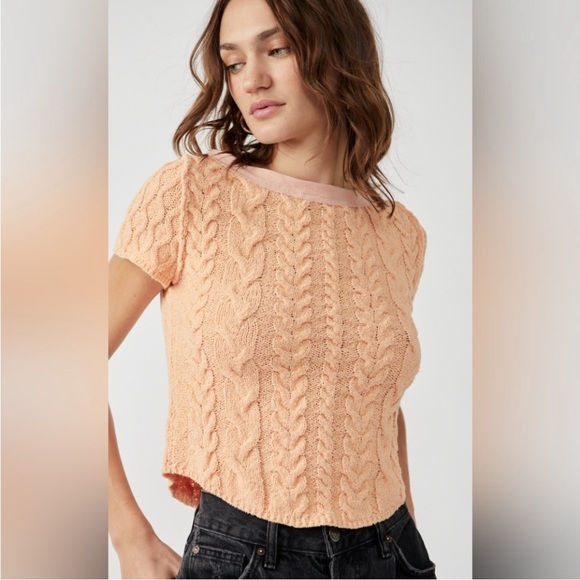 Free People Boho Crop Cream and Orange Baby Cable Knit Tee Crew Neck Sweater szL - Picture 1 of 12